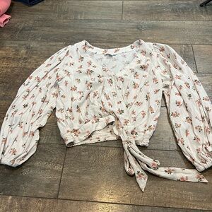 American Eagle Outfitters White Floral Tie-Front Blouse